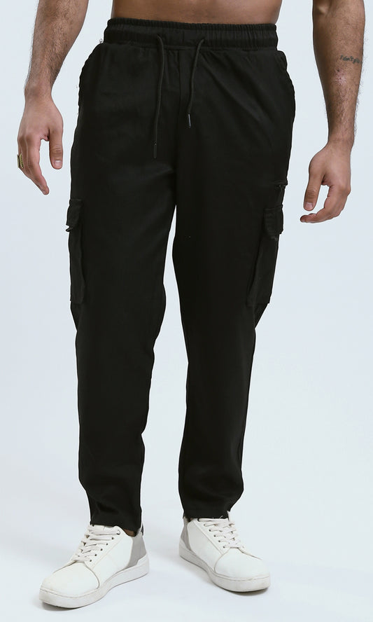 O174044 Slip On Solid Black Jogger Pants With Hem