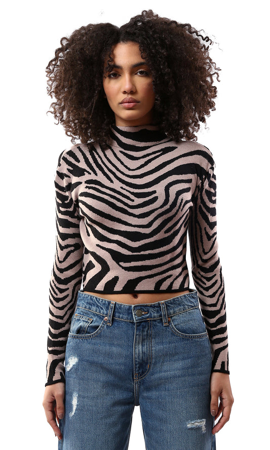 O174069 Black & Mocha Zebra Long Sleeves Short Pullover