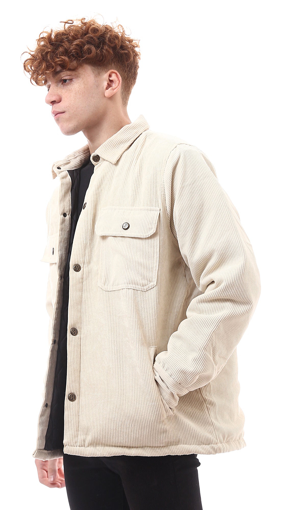 O174072 Beige Corduroy Jacket With Front Buttoned Pockets