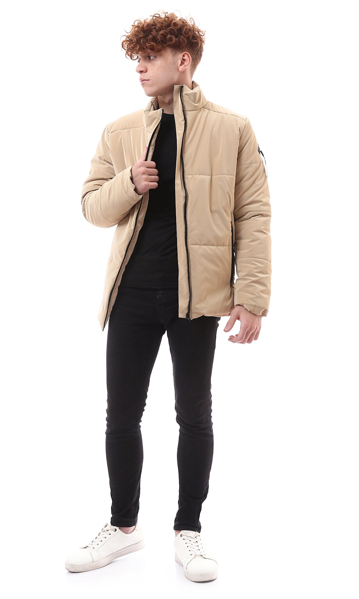 O174074 Stand Collar Long Sleeves Sand Beige Bomber Jacket
