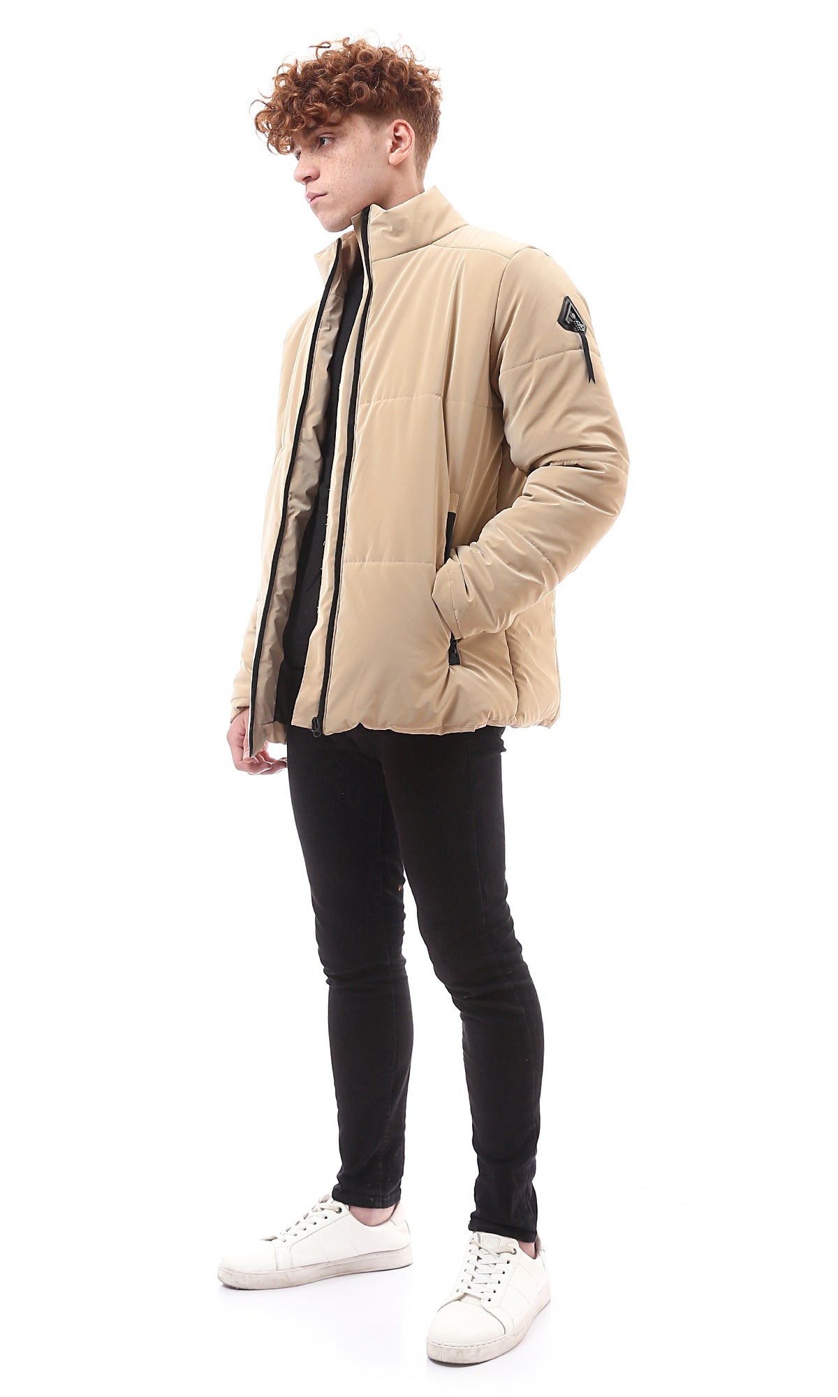 O174074 Stand Collar Long Sleeves Sand Beige Bomber Jacket