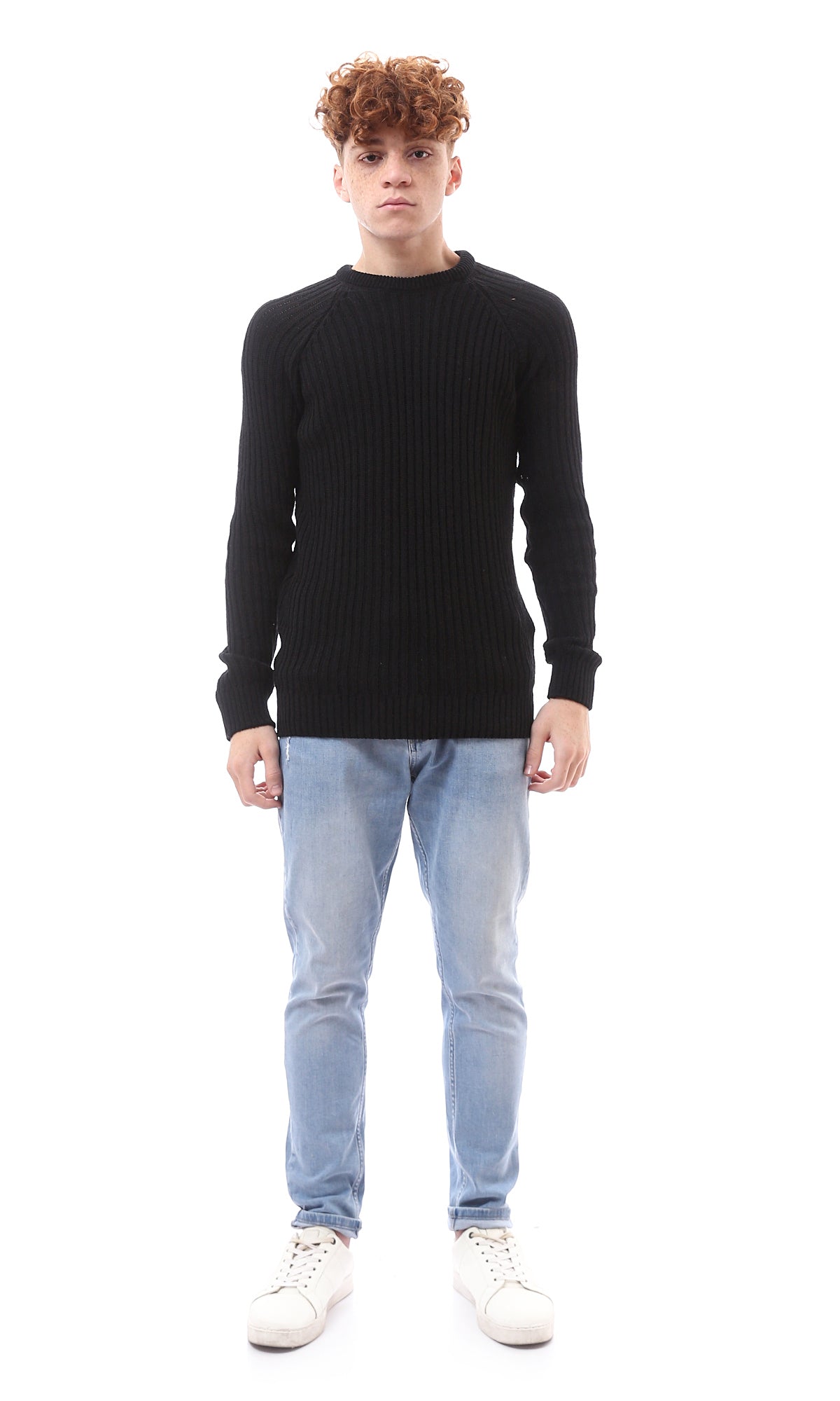 O174076 Ribbed Knit Crew Neck Black Long Pullover