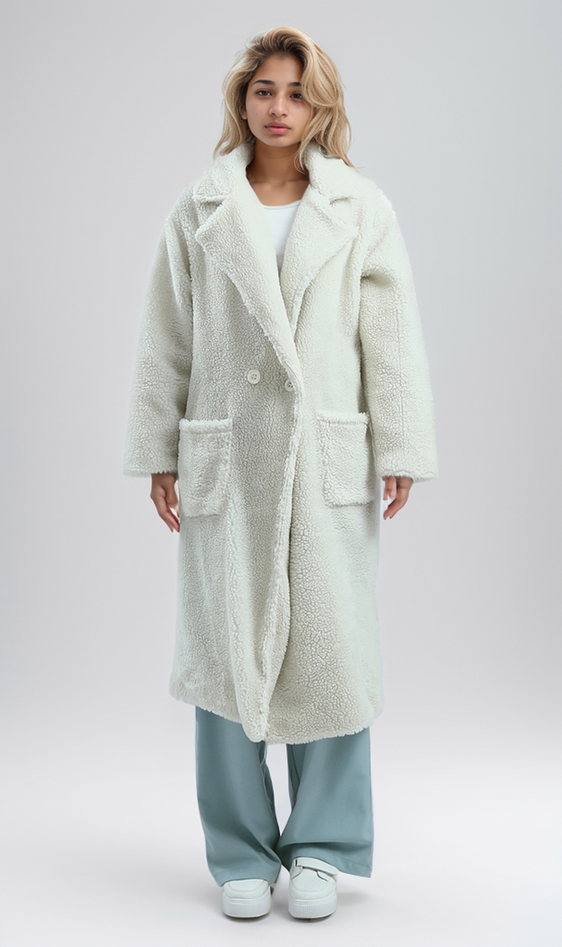 O174085 Notched Lapel Heavy Cozy Off-White Long Coat Jacket