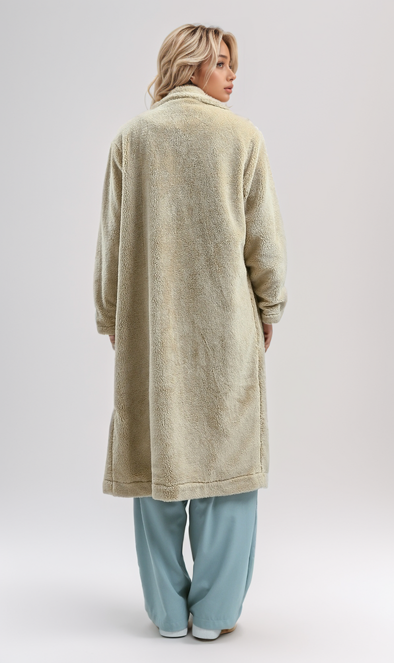 معطف طويل من الصوف بفتحة صدر - بيج