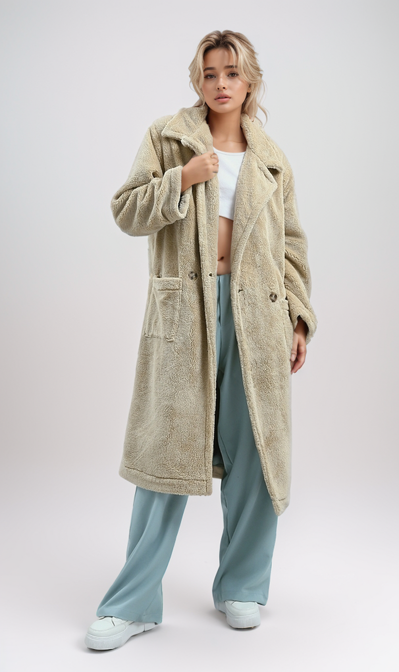 معطف طويل من الصوف بفتحة صدر - بيج