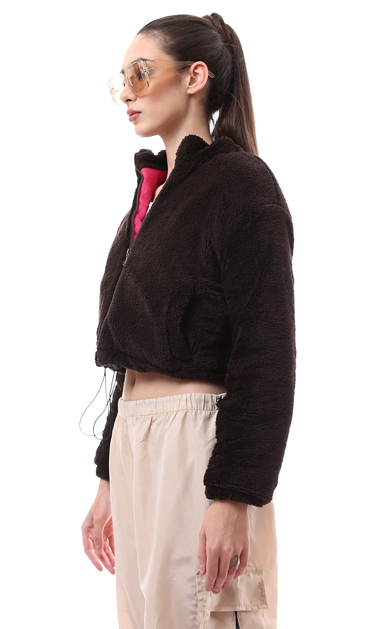 O174171 Burnt Brown Fur Short Jacket With Adjustable Trim