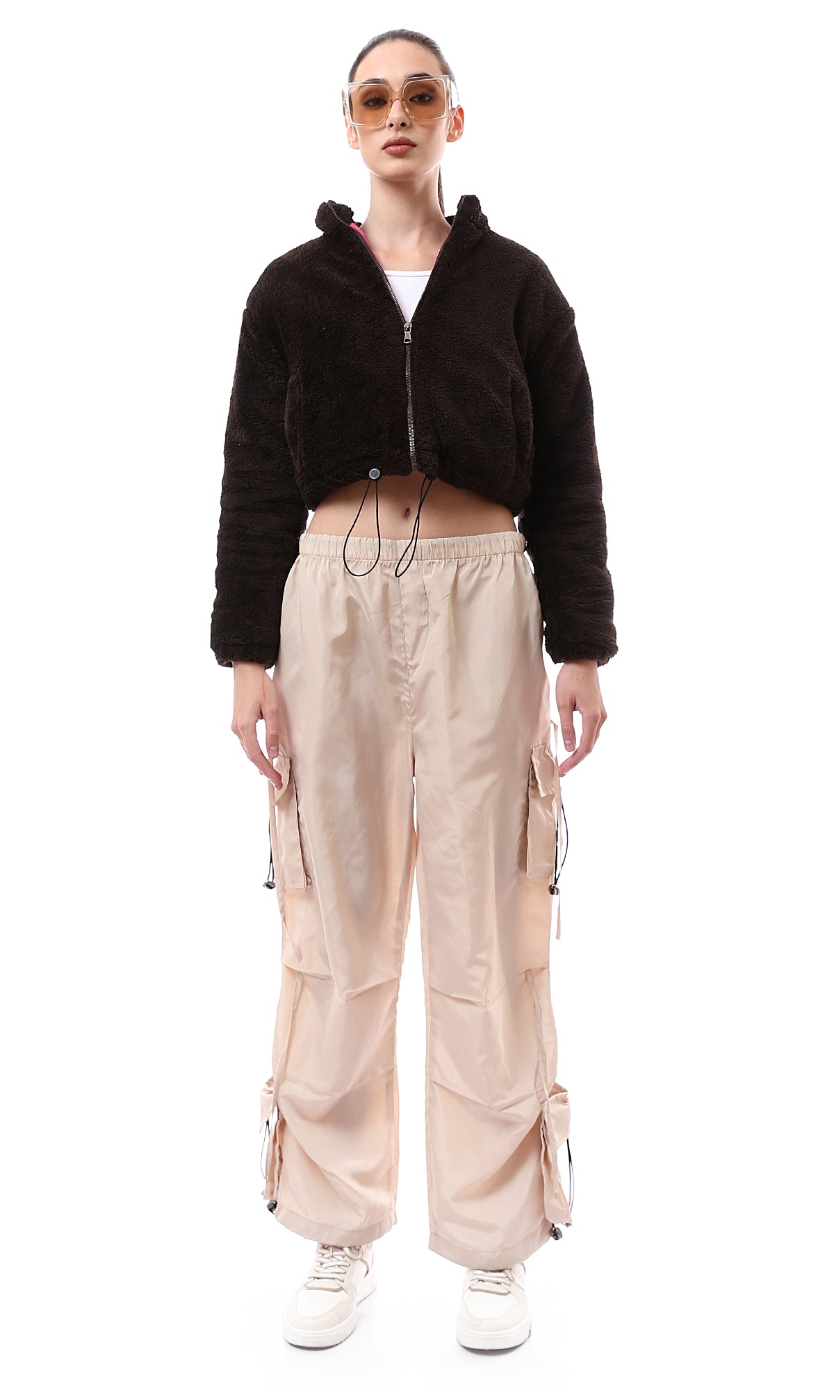O174171 Burnt Brown Fur Short Jacket With Adjustable Trim
