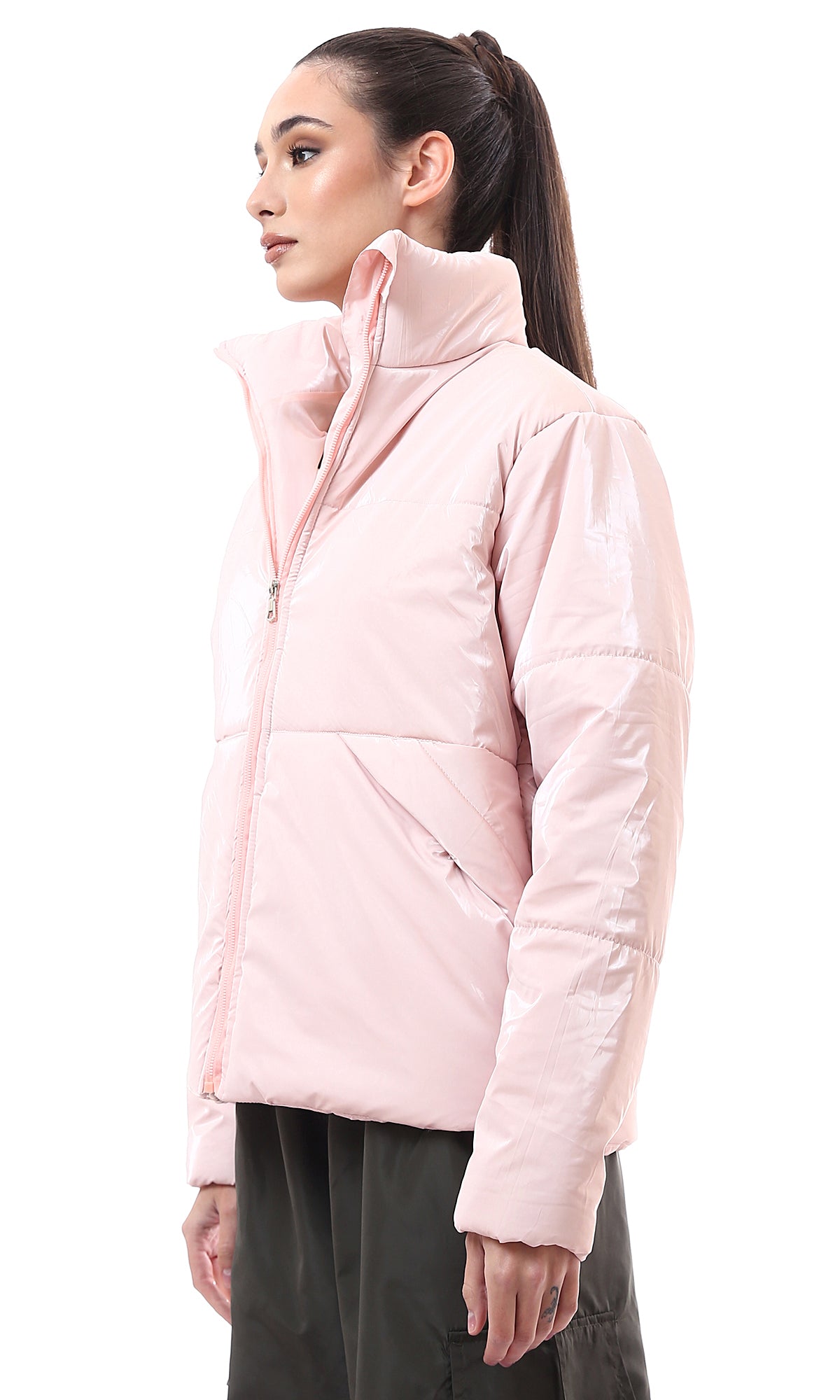 O174183 Shiny Rose Bomber Jacket With Stand Collar