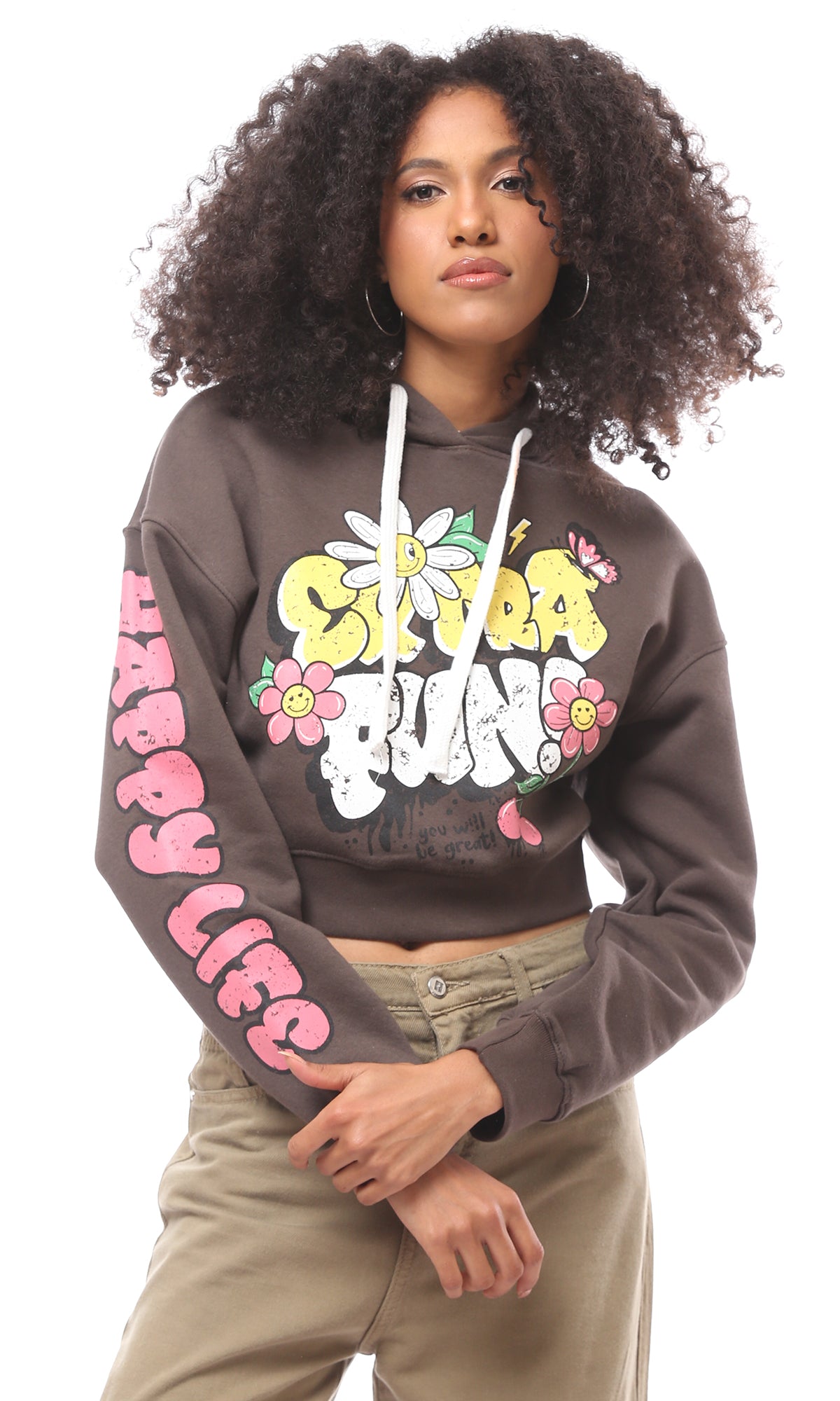 Brown Graphic Print Cropped Hoodie - O174184