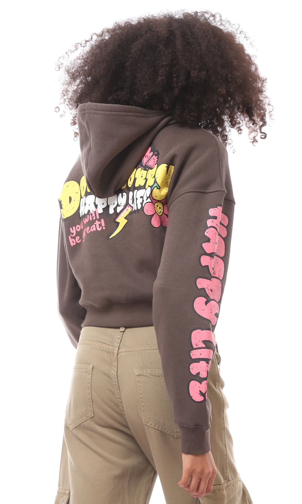 Brown Graphic Print Cropped Hoodie - O174184