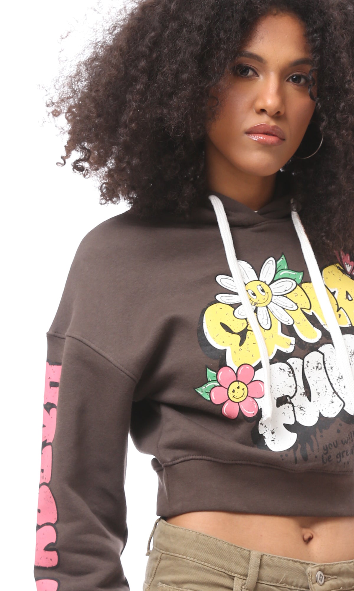 Brown Graphic Print Cropped Hoodie - O174184