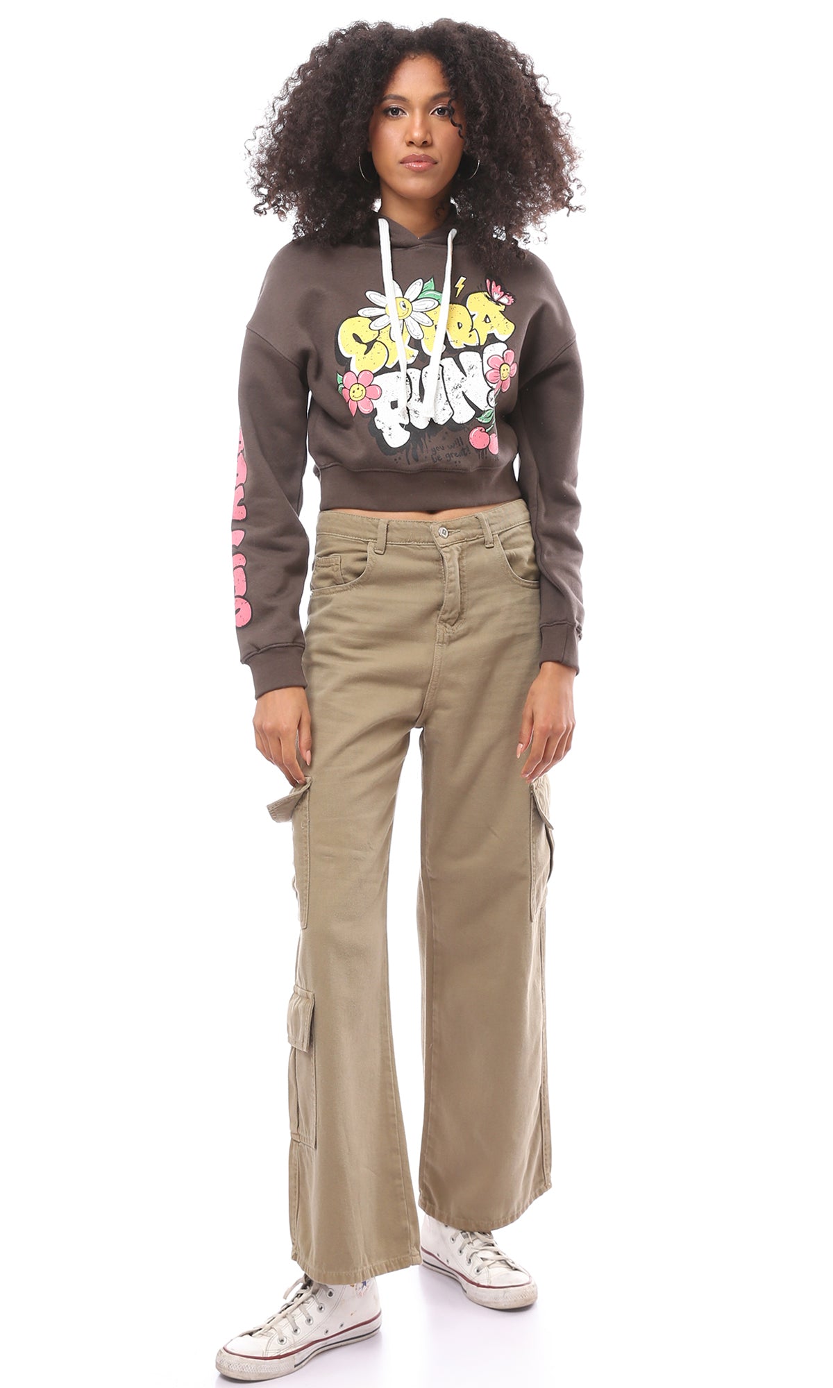 Brown Graphic Print Cropped Hoodie - O174184