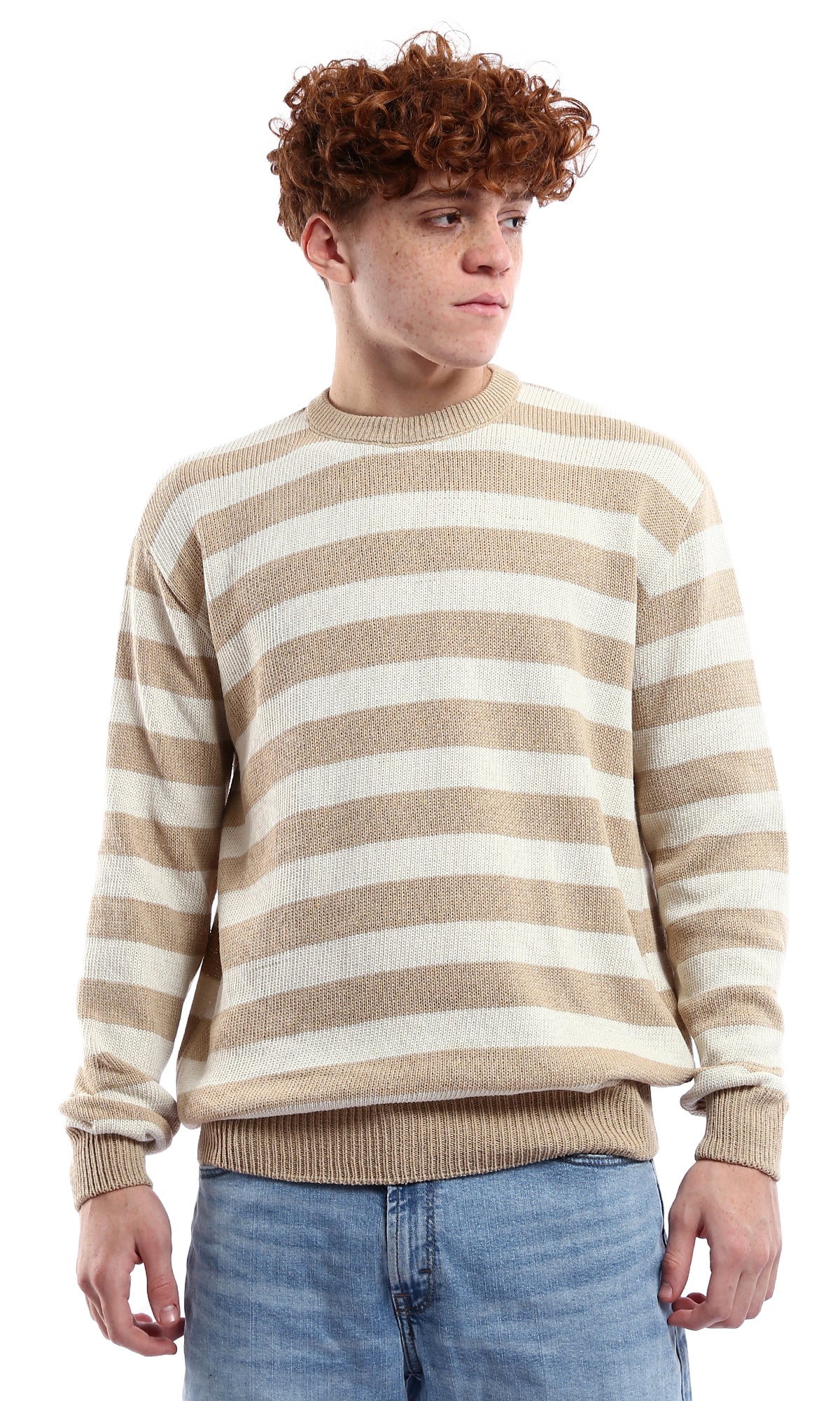 O174209 Striped Beige & Mocha Slip On Knitted Pullover