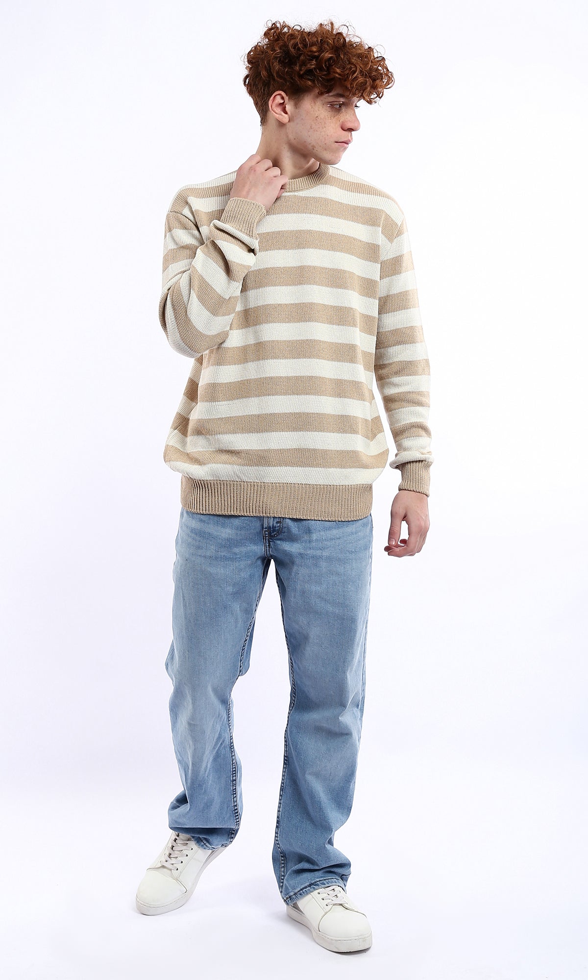 O174209 Striped Beige & Mocha Slip On Knitted Pullover