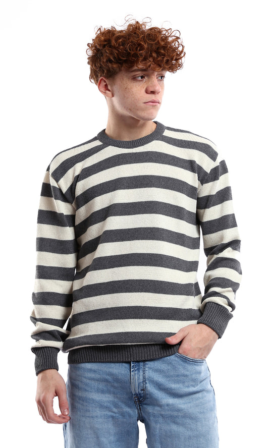 O174212 Dark Grey & Off-White Striped Knitted Casual Pullover