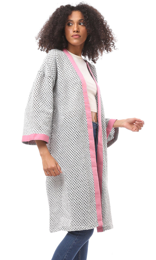 O174378 Perforated Light Grey & Pink Slip On Cardigan