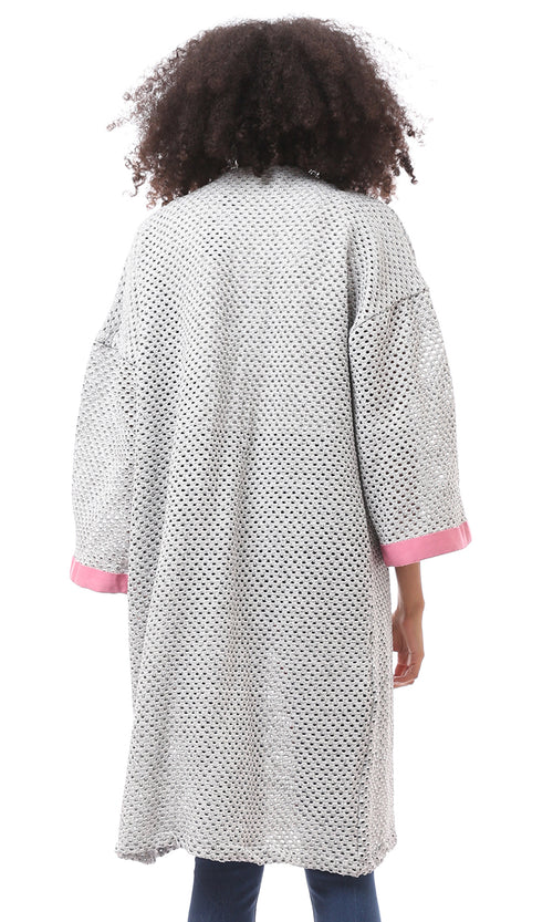 O174378 Perforated Light Grey & Pink Slip On Cardigan