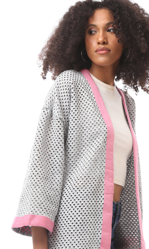 O174378 Perforated Light Grey & Pink Slip On Cardigan