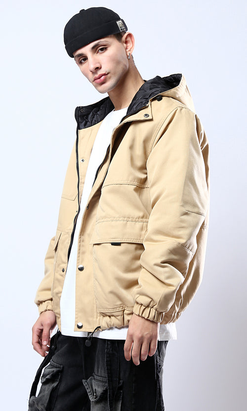 O174459 Hooded Neck Long Sleeves Sand Jacket