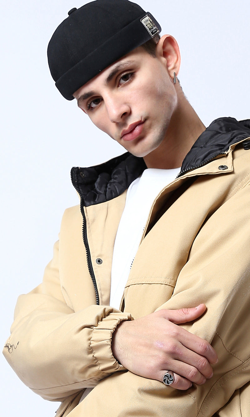 O174459 Hooded Neck Long Sleeves Sand Jacket