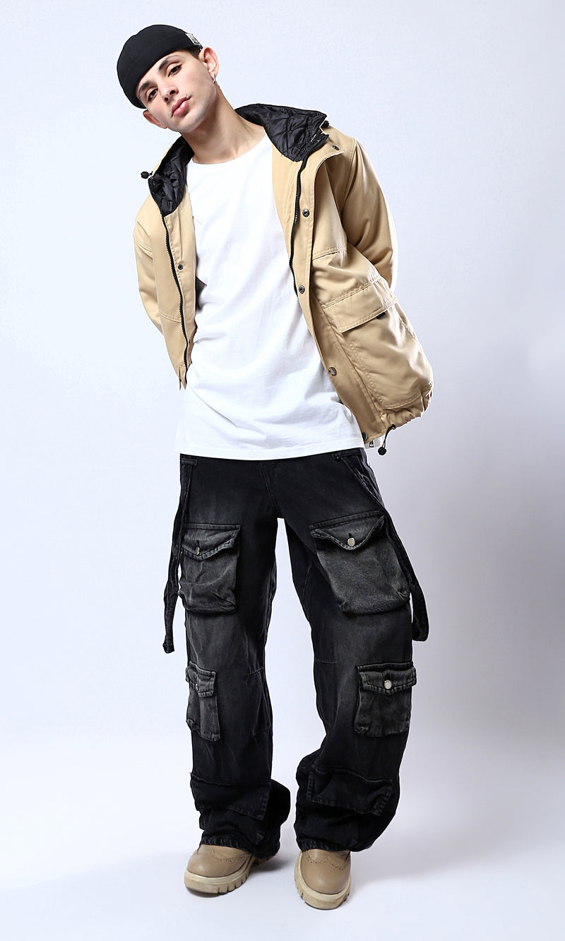 O174459 Hooded Neck Long Sleeves Sand Jacket
