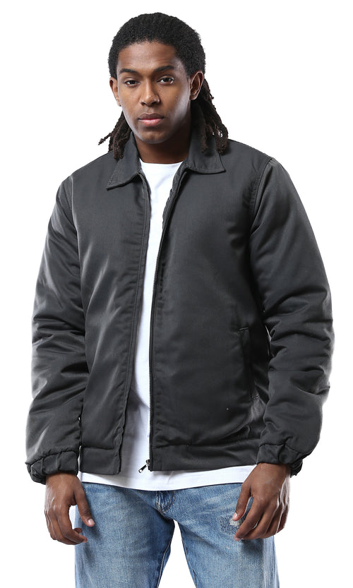 O174463 Long Sleeves Dark Grey Solid Zipped Jacket
