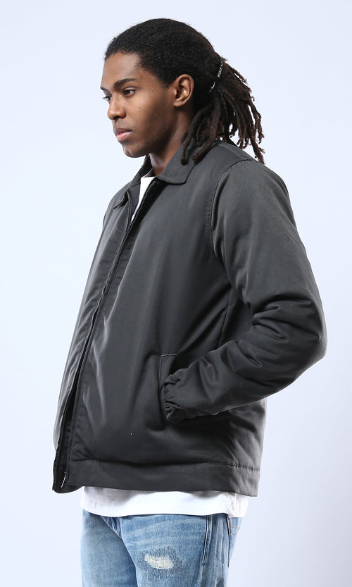 O174463 Long Sleeves Dark Grey Solid Zipped Jacket