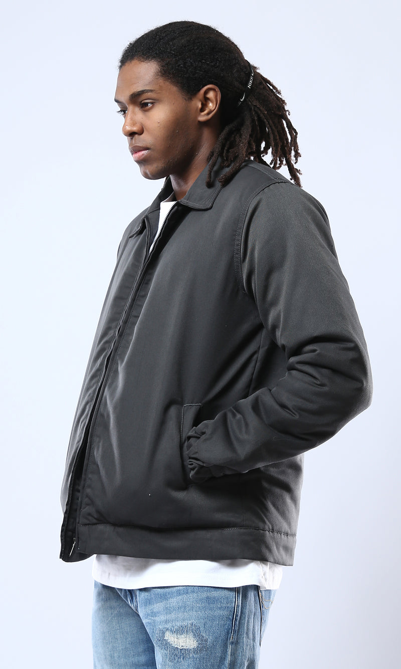 O174463 Long Sleeves Dark Grey Solid Zipped Jacket