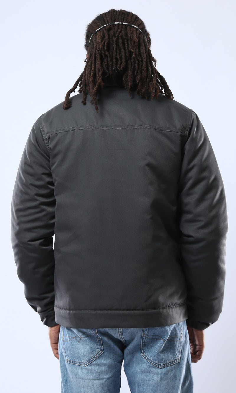 O174463 Long Sleeves Dark Grey Solid Zipped Jacket