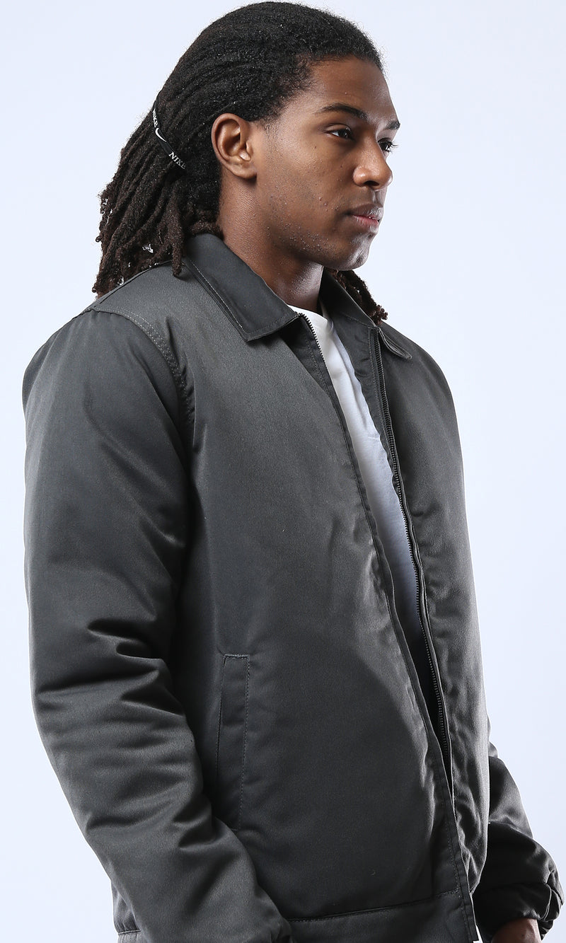 O174463 Long Sleeves Dark Grey Solid Zipped Jacket