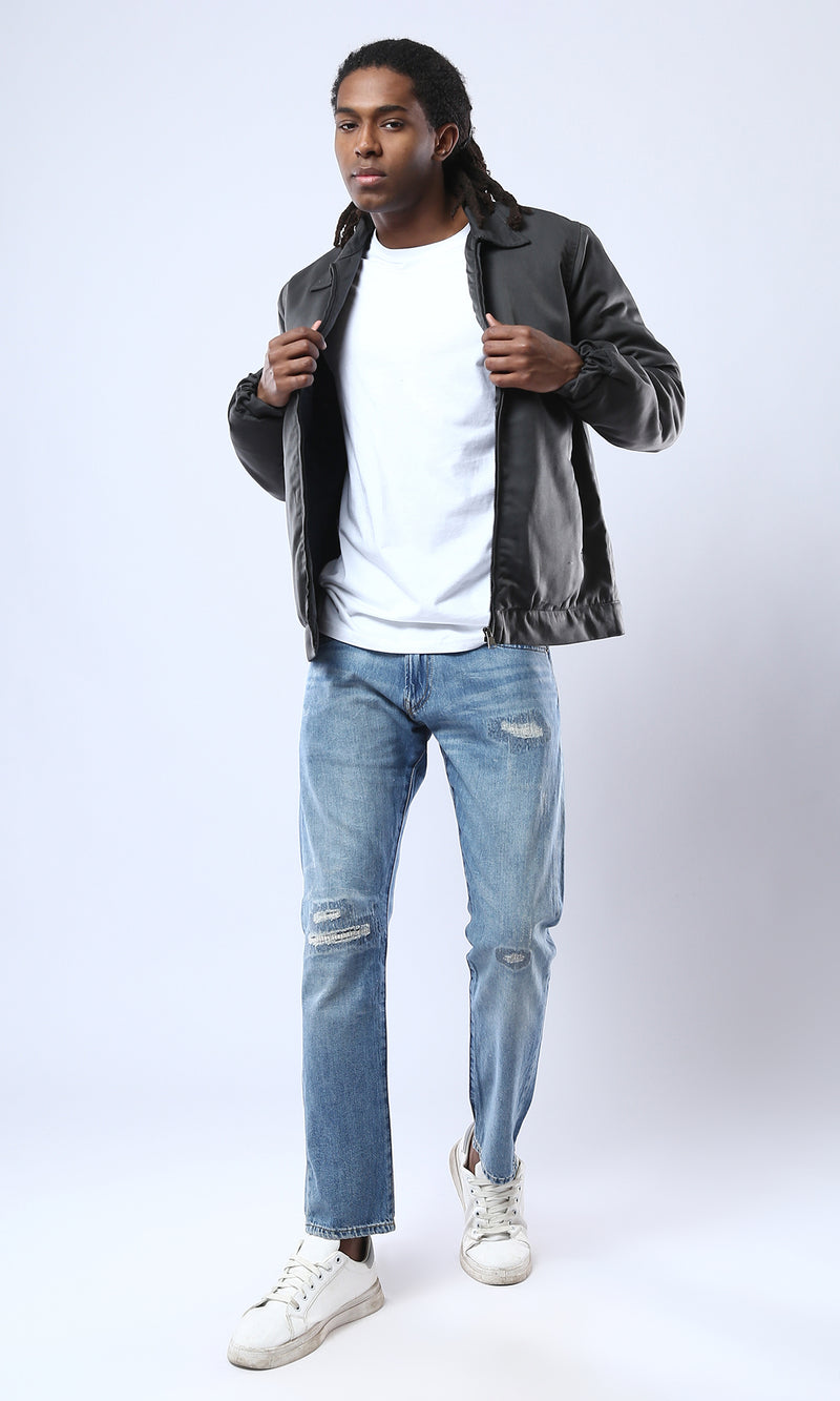 O174463 Long Sleeves Dark Grey Solid Zipped Jacket