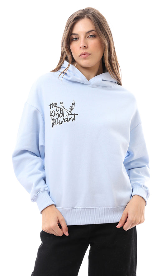 O174475 Long Sleeves Hoodie With Front & Back Print - Light Blue