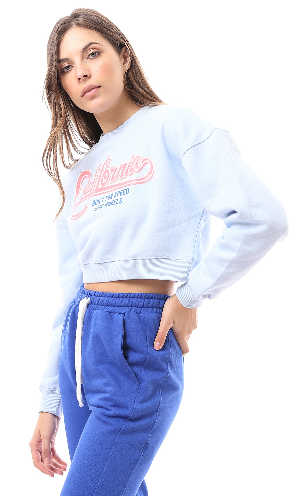 O174476 Light Blue Printed "California" Cropped Sweatshirt