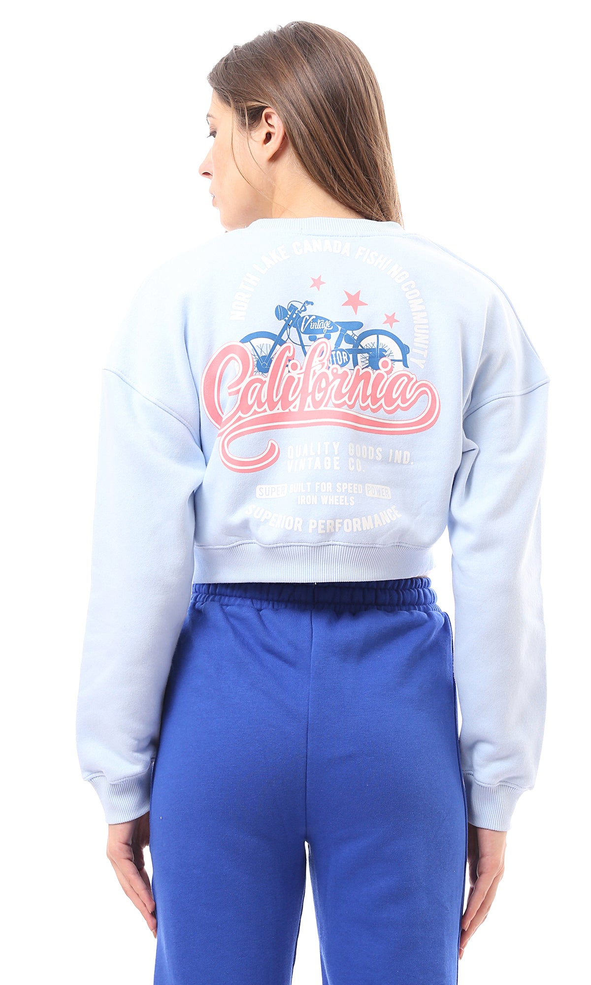 O174476 Light Blue Printed "California" Cropped Sweatshirt
