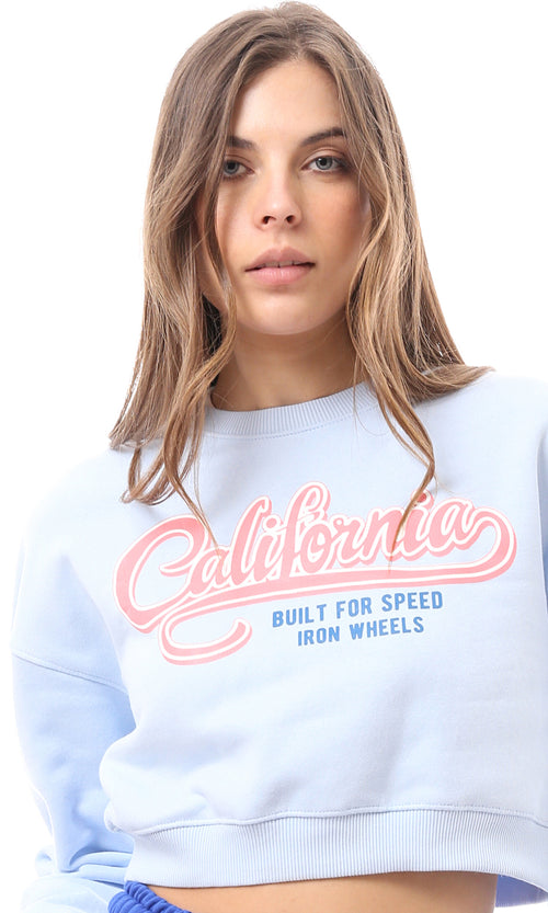O174476 Light Blue Printed "California" Cropped Sweatshirt