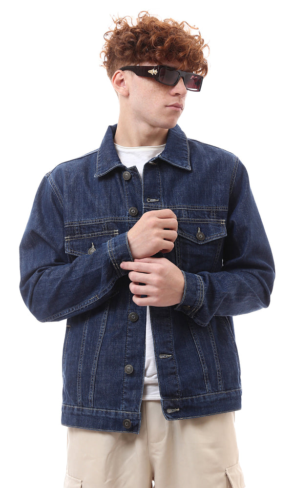 O174493 Navy Blue Solid Casual Denim Jacket