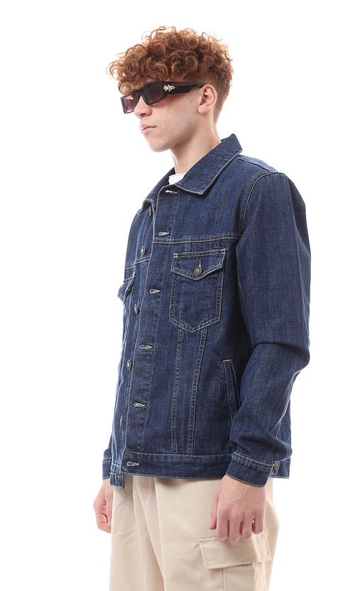 O174493 Navy Blue Solid Casual Denim Jacket