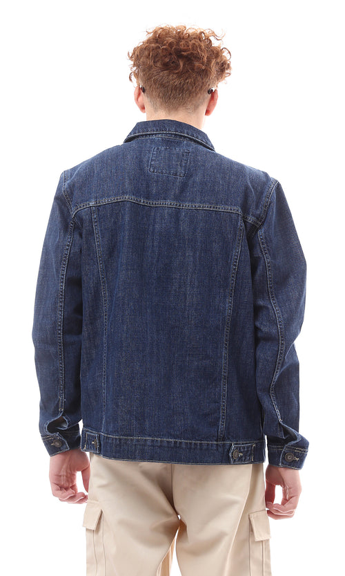 O174493 Navy Blue Solid Casual Denim Jacket