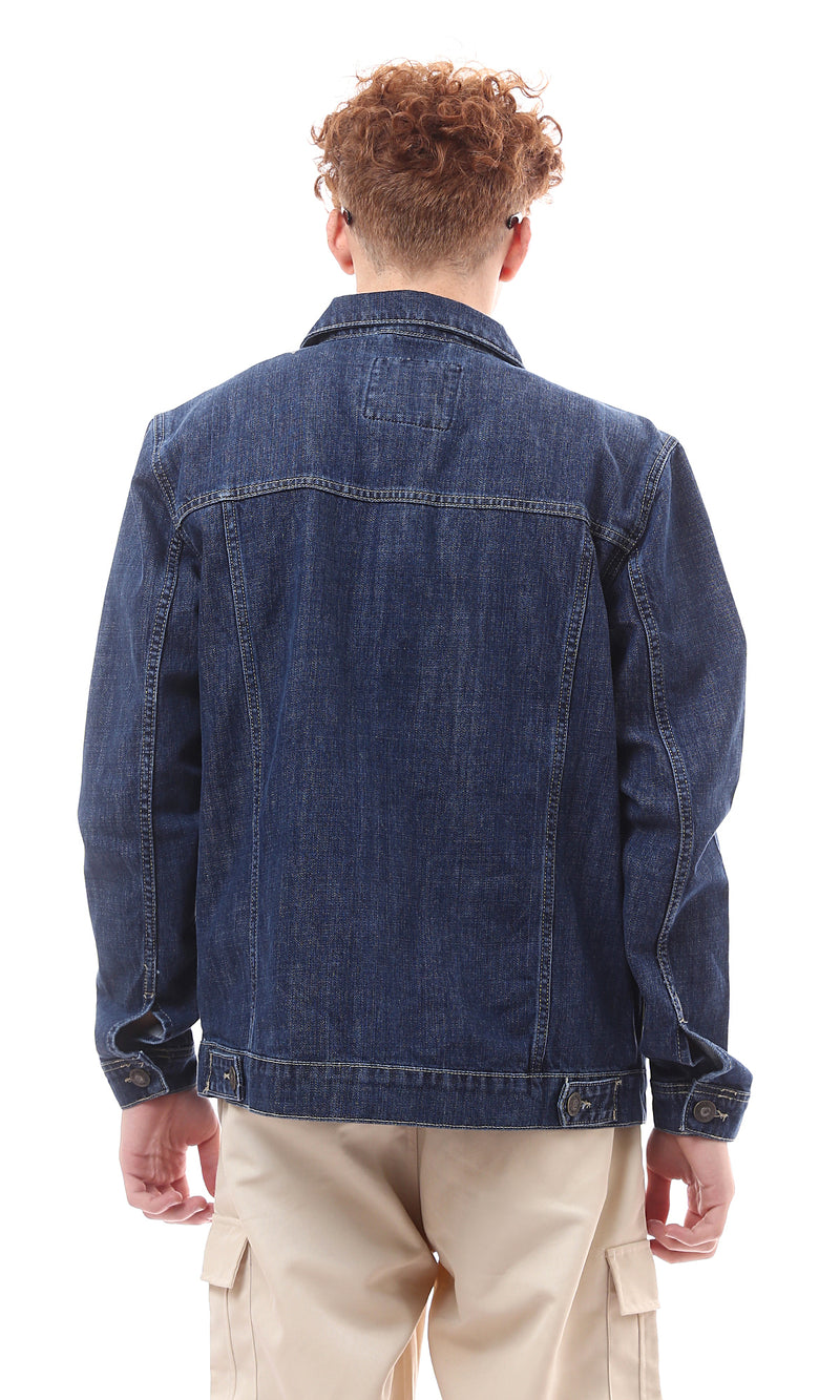 O174493 Navy Blue Solid Casual Denim Jacket
