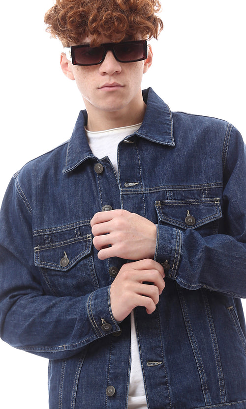 O174493 Navy Blue Solid Casual Denim Jacket