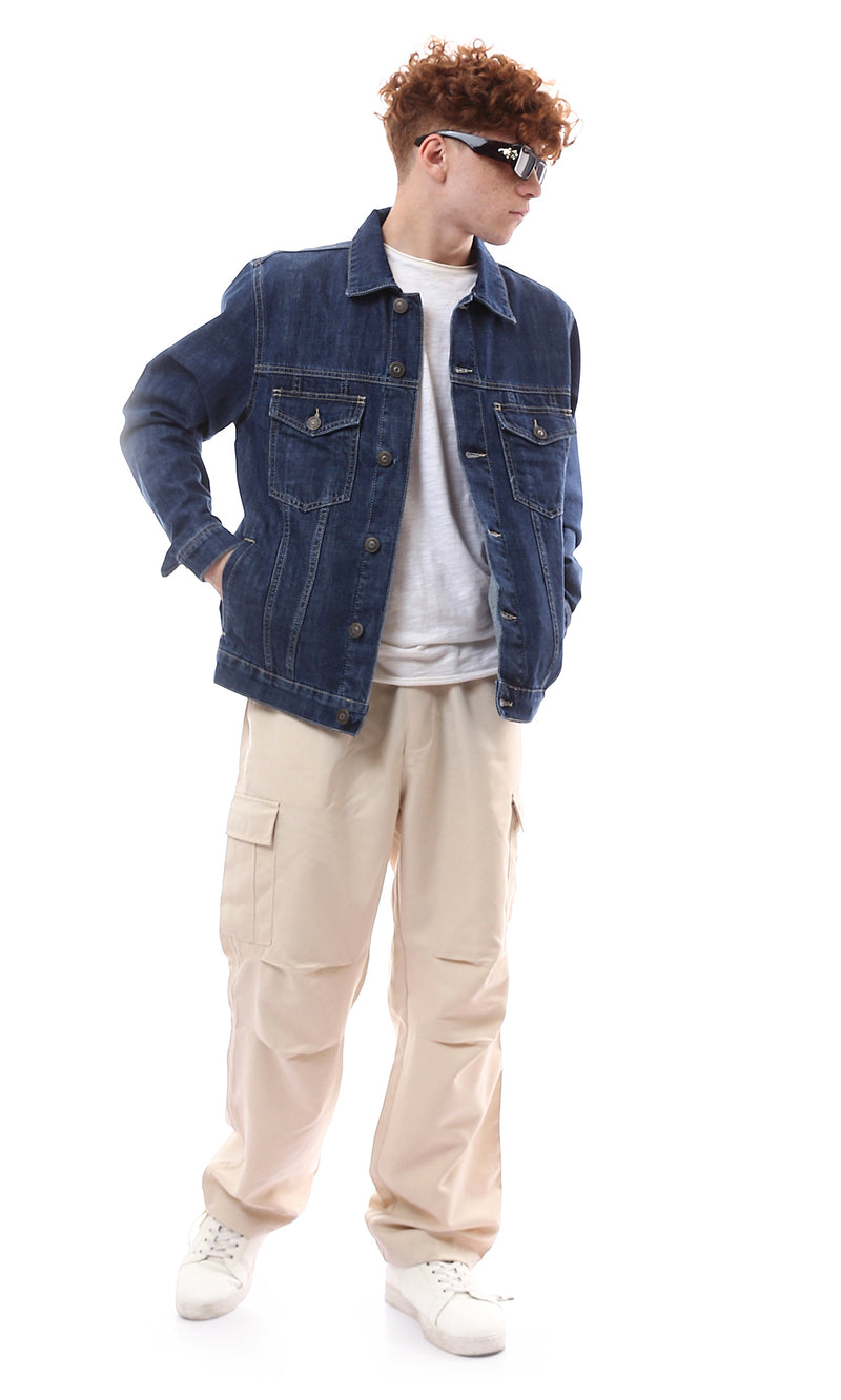 O174493 Navy Blue Solid Casual Denim Jacket