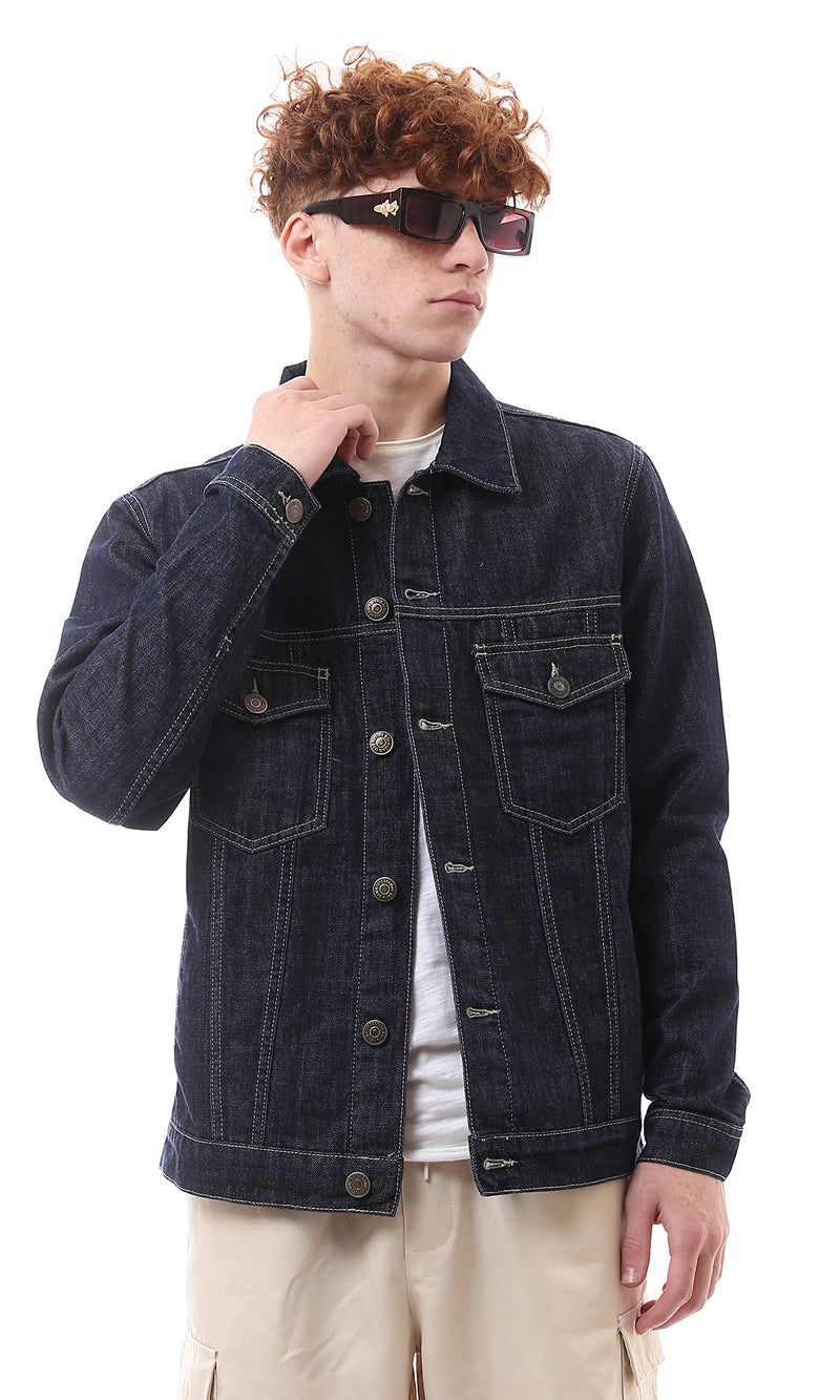 O174494 Long Sleeves Dark Navy Blue Casual Denim Jacket