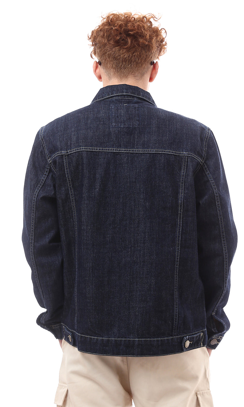 O174494 Long Sleeves Dark Navy Blue Casual Denim Jacket