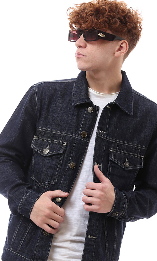 O174494 Long Sleeves Dark Navy Blue Casual Denim Jacket