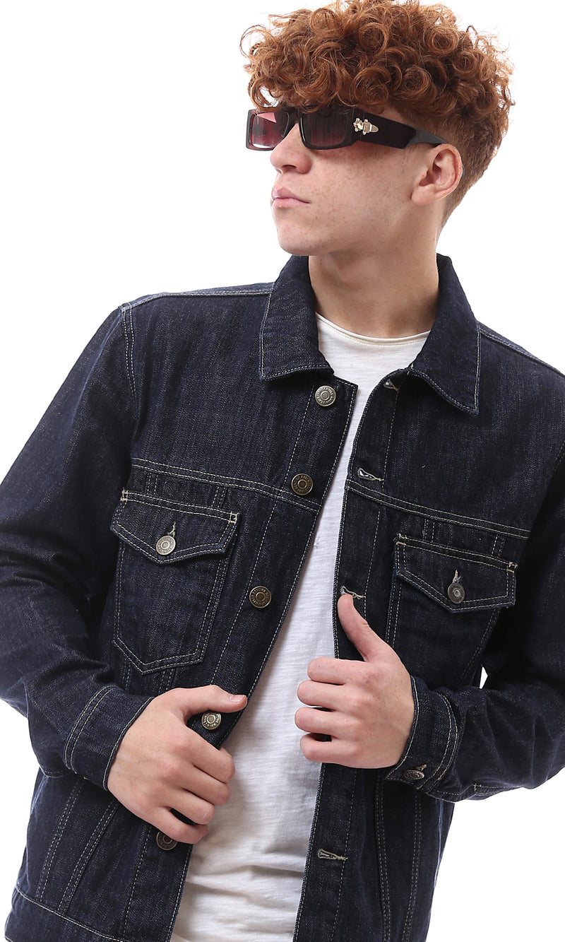 O174494 Long Sleeves Dark Navy Blue Casual Denim Jacket