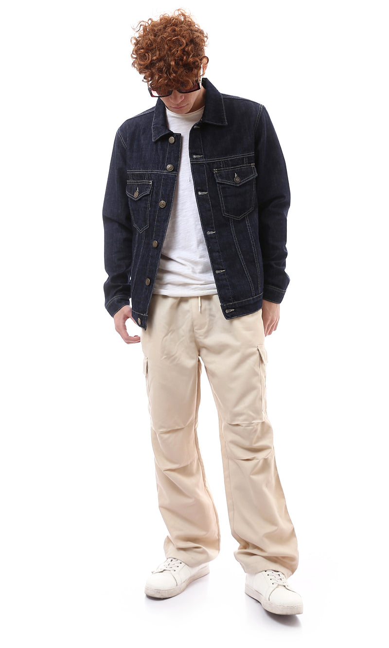 O174494 Long Sleeves Dark Navy Blue Casual Denim Jacket