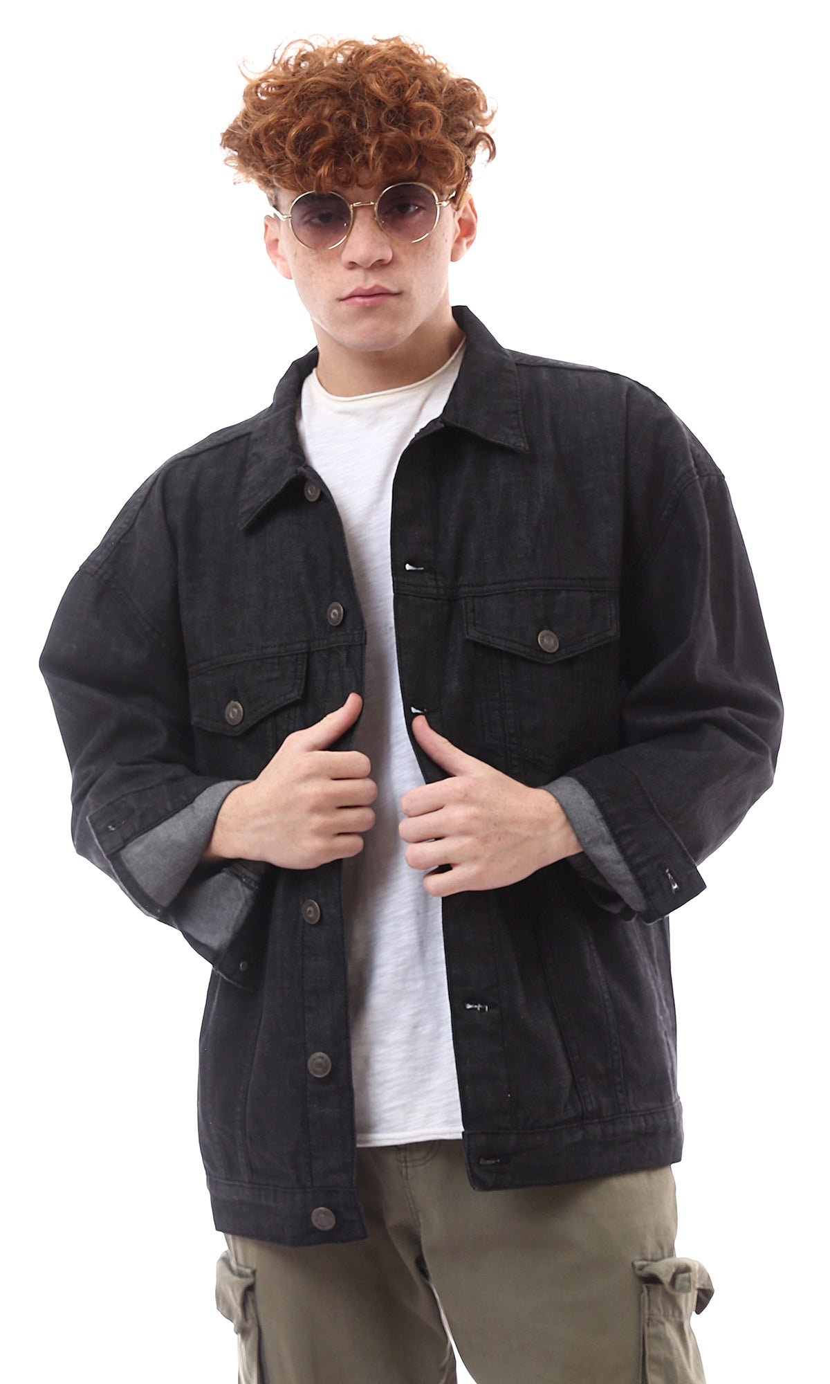 O174498 Black Denim Jacket With Buttoned Cuffs