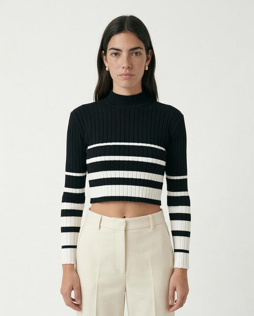 O174522 Black Soft Basic Pullover With White Stripes