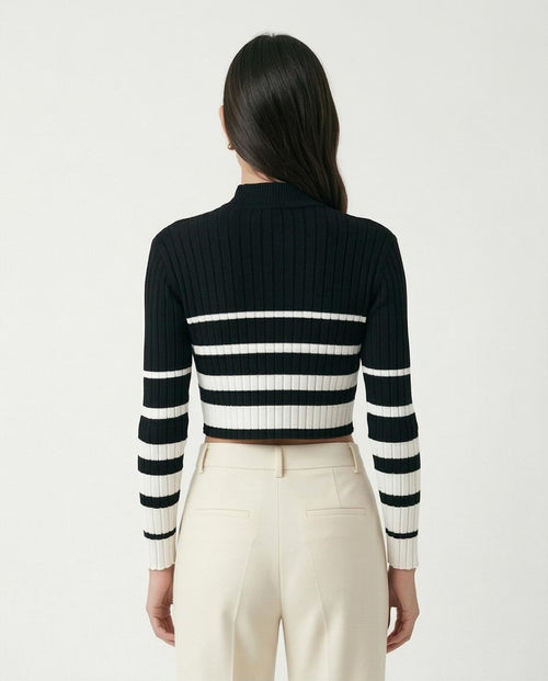 O174522 Black Soft Basic Pullover With White Stripes