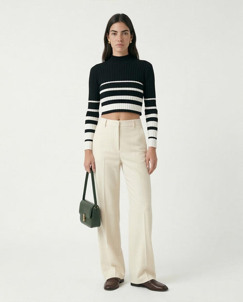 O174522 Black Soft Basic Pullover With White Stripes